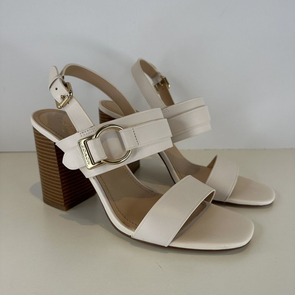 Coach Mabel Sandal C4391 Women's 10 Block Heel Ivory White Buckle Luxury Leather